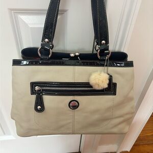Coach shoulder bag. Bone/ivory soft leather with navy patent leather straps